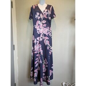 Lily by‎ Firmiana Floral Maxi Dress faux wrap casual Pink Blue Medium modest